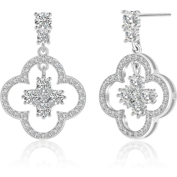 Jewelry - Women's 14K White Gold Plated Clover Cubic Zirconia Dainty Dangle Earrings